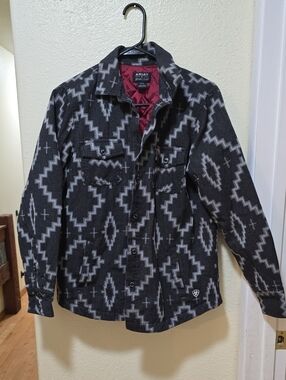 Ariat Black & Gray Aztec Button-Up Shacket with Burgundy Lining
